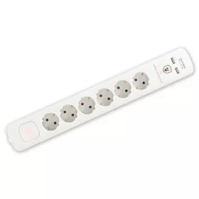   Home NVT 06K USB/WH túlfeszültség védett hálózati elosztó, 1,4 m, kapcsolós, H05VV-F 3G1,5 mm2 kábel, 6 aljzat, max. 3680W, falra akasztható, USB töltőaljzatok