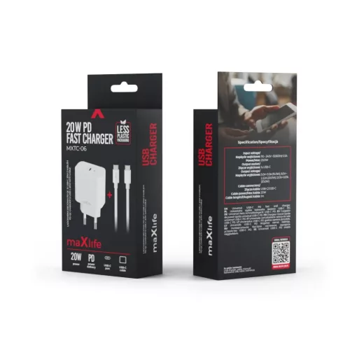 Maxlife MXTC-06-20C PD QC töltő 1x USB-C 20W fehér + USB-C - USB-C -5907457738393 10 kép