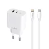 Maxlife MXTC-06-20AC PD QC töltő 1x USB-C 1x USB 20W fehér + USB-C - Lightning kábel 20W