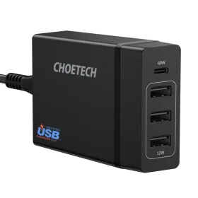 Choetech Hálózati töltő adapter 3x USB / 1x USB Type C 60W PD feke-6971824970296 1 kép