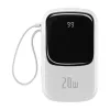 Baseus Qpow digitális kijelzős power bank gyors töltéssel 20000mAh 20W QC/PD/SCP/FCP beépített Lightning kábellel Fehér