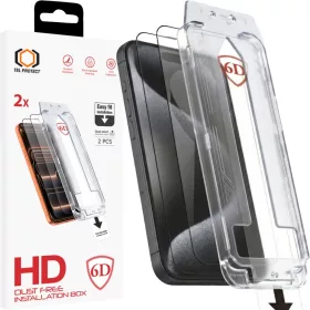    iPhone 15 Pro fekete Tel Protect pormentes, könnyű felszerelésű, teljes ragasztású 6D edzett üveg – 2 darab üvegfólia