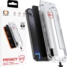    iPhone 13/13 Pro/16E/17E fekete Tel Protect 6D teljes ragasztású adatvédelmi edzett üvegfólia pormentes, könnyű felszereléssel