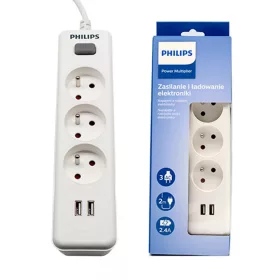 PHILIPS hálózati elosztó 3 aljzat + 2 USB 2m 10A fehér-4895229136885 2 kép