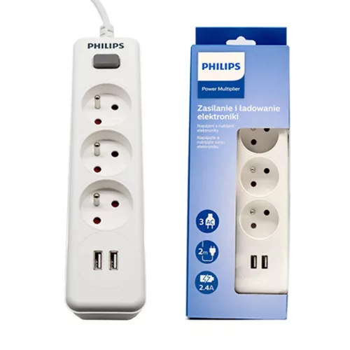 PHILIPS hálózati elosztó 3 aljzat + 2 USB 2m 10A fehér-4895229136885 2 kép