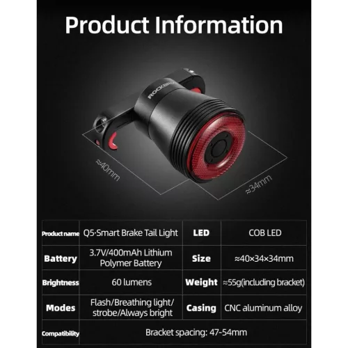 Rockbros Q5 Hátsó Biciklilámpa Intelligens Megállási Rendszerrel -5907769313332 9 kép
