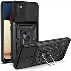   Samsung Galaxy A03s TPU tok kameralencse védővel, kihajtható mágneses támasszal fekete Alphajack