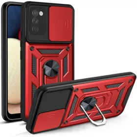   Samsung Galaxy A03s TPU tok kameralencse védővel, kihajtható mágneses támasszal piros Alphajack