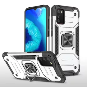   Samsung Galaxy A03s fokozott védelmet biztosító TPU tok kihajtható mágneses támasszal ezüst Alphajack (PROTECTION-2)