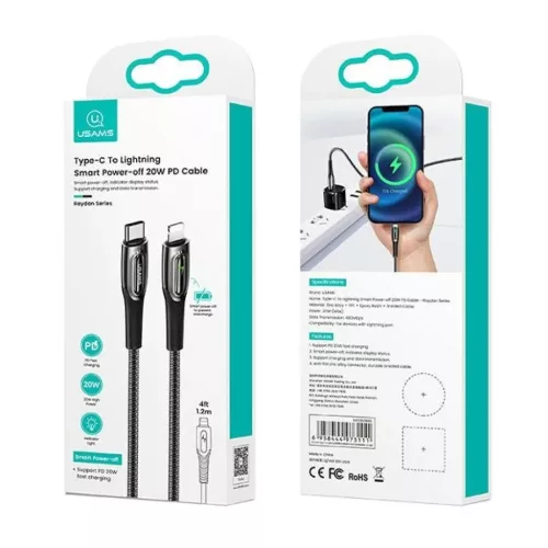 USAMS Fonott USB-C - Lightning Okos Áramtalanító 20W PD Kábel 1.2m-6958444973128 9 kép