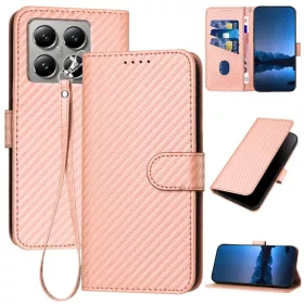   Xiaomi 15T Pro karbon mintás flip bőrtok csuklópánttal – rózsaszín