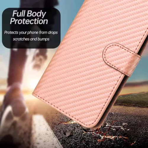 Xiaomi 15T Pro karbon mintás flip bőrtok csuklópánttal – rózsas- 3 kép