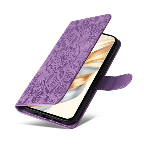 Honor Magic 7 Lite napraforgó mintás dombornyomott fliptok – lila- 5 kép