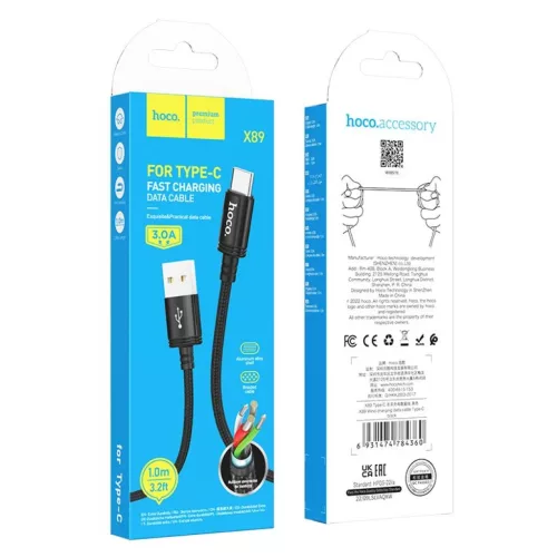 USB-A - USB-C Kábel Hoco X89, 60W, 3A, 1m, Fekete-6931474784360 5 kép
