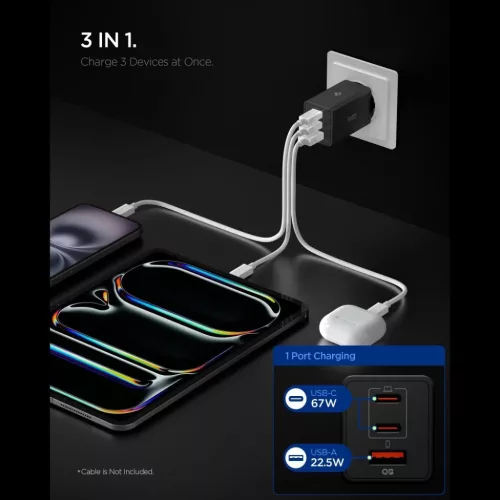 Spigen Essential EE673EU 3-portos hálózati töltő 67W Fekete-8800283302929 2 kép
