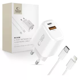   Tech-protect Nca45w-gan 2-port hálózati töltő PD 45W / QC3.0 + Lightning kábel fehér