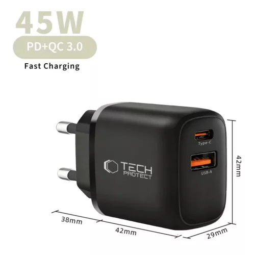 Tech-protect Nca45w-gan 2-port Hálózati Töltő Pd 45w / Qc3.0 Feket-5906302335992 6 kép