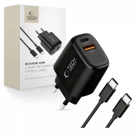   Tech-protect Nca45w-gan 2-port Hálózati töltő Pd 45w / Qc3.0 + Type-c kábel Fekete