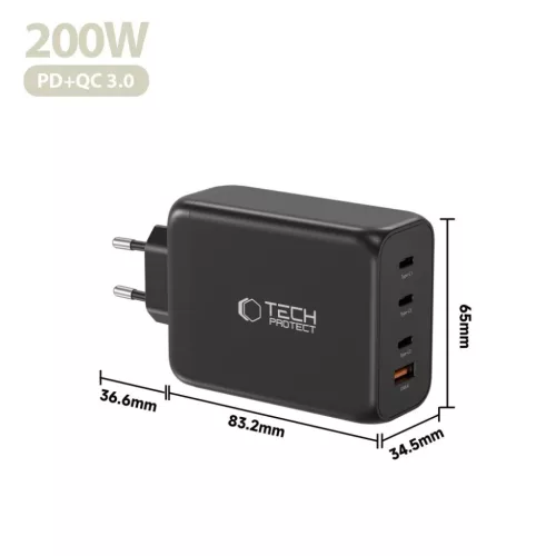 Tech-protect Nc200w-gan 4-port Hálózati Töltő Pd 200w / Qc3.0 Feke-5906302352340 5 kép