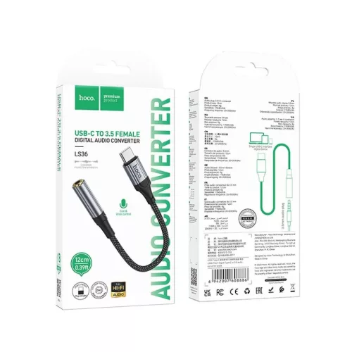 USB-C - 3.5 mm Jack LS36 adapter Hoco, fekete-6942007608886 9 kép