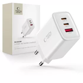   Tech-Protect NCA65W-GAN 3-portos hálózati töltő PD 65W / QC3.0 Fehér