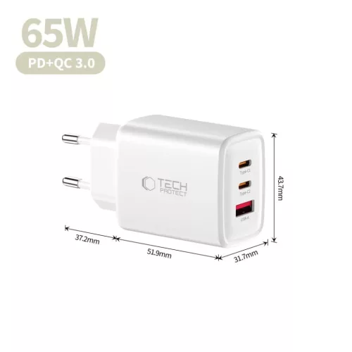Tech-Protect NCA65W-GAN 3-portos hálózati töltő PD 65W / QC3.0 Feh-5906302336074 6 kép