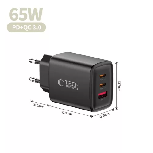 Tech-protect Nca65w-gan 3-portos hálózati töltő Pd 65w / Qc3.0 Fek-5906302336081 6 kép