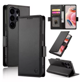   Samsung Galaxy S26 Ultra oldalsó kapcsos, mágneses matt bőr fliptok, tok (fekete)