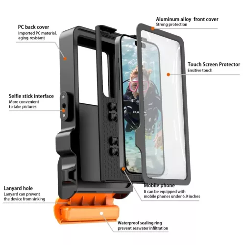 Tech-protect Ipx8 Pro Univerzális Búvár Vízálló Tok Fekete/Naran-5906302353156 4 kép