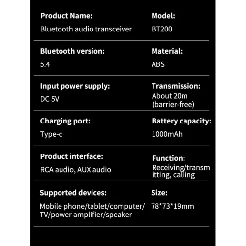 BT200 Bluetooth 5.4 audio adapter 2 fejhallgatóhoz – 2 az 1-ben tra- 7 kép