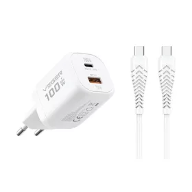   Fehér VEGER USB-A + USB-C PD Super Charge PPS 100W hálózati töltő adapter + USB-C–USB-C 240W adatkábel TR150