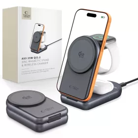    Tech-Protect A53 3 az 1-ben mágneses MagSafe vezeték nélküli töltő 25 W Qi2.2, sötétszürke