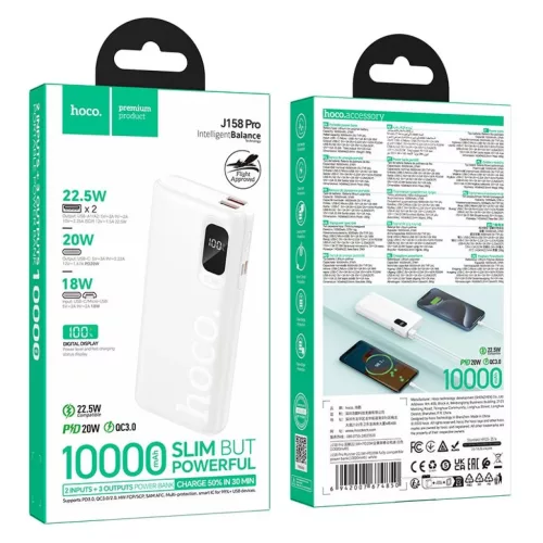 Hoco J158 Pro 10000 mAh 22,5 W QC PD 2 A külső akkumulátor, fehér-6942007674850 5 kép