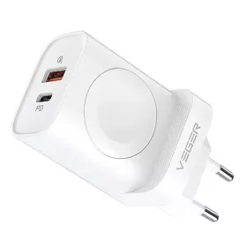   VEGER utazó töltő USB A + Type C + vezeték nélküli töltő kompatibilis Apple Watch PD QC3.0 3A 25W W002E fehér