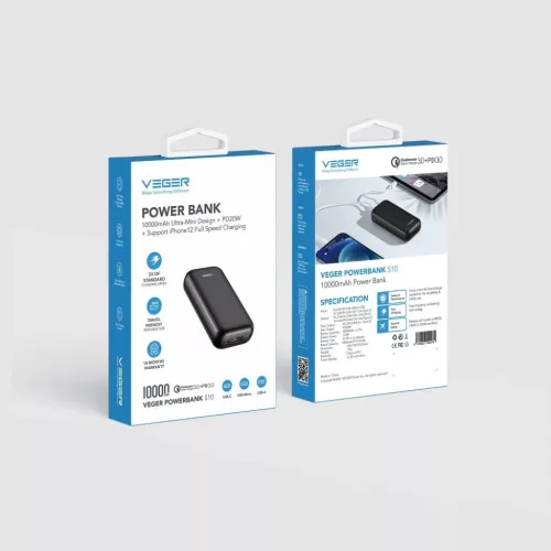VEGER powerbank 10 000 mAh PD QC3.0 3A 20W S10 (W1135) fekete-6970453554174 10 kép