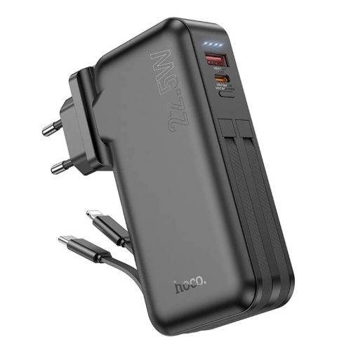 HOCO powerbank 10 000 mAh beépített EU / US aljzattal és Type C + Lightning kábelekkel QC PD 3A 22,5W J126 fekete