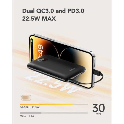 VEGER powerbank 10 000 mAh beépített kábelekkel Type C / Lightning -6970453557939 4 kép