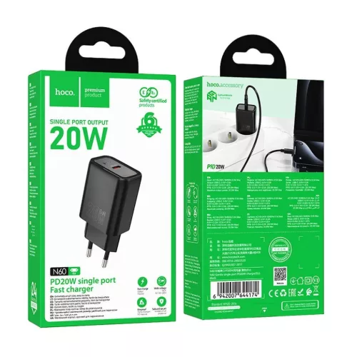 HOCO hálózati töltő Type C PD QC 20W N60 fekete-6942007648615 6 kép