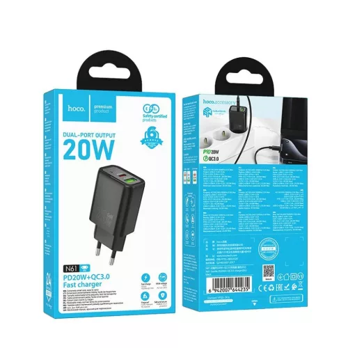 HOCO fali töltő USB A + Type C PD QC3.0 3A 20W N61 fekete-6942007648677 4 kép