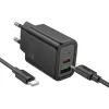 HOCO hálózati töltő USB A + Type C + kábel Type C to Type C PD QC3.0 3A 20W N61 fekete