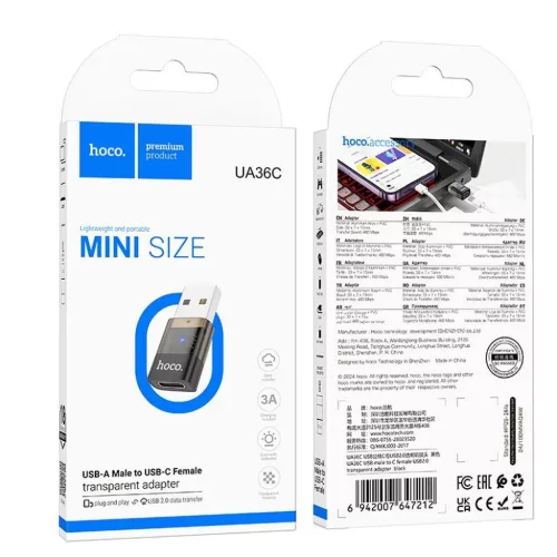 HOCO adapter USB A (férfi) - Typ C (női) UA36C átlátszó fekete-6942007647212 5 kép