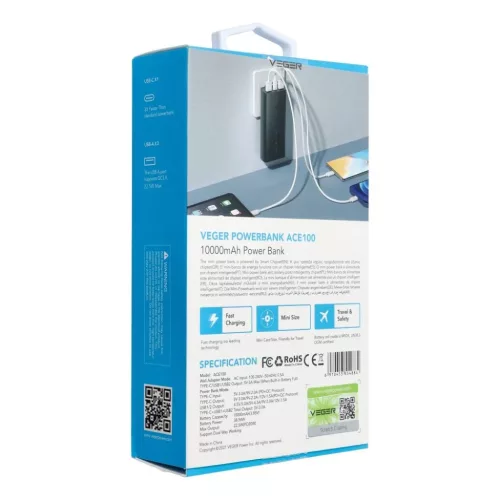 VEGER powerbank 10 000 mAh PD QC3.0 20W ACE100 (W1146) fekete-6970453555195 6 kép