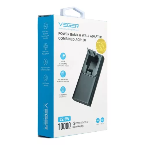 VEGER powerbank 10 000 mAh PD QC3.0 20W ACE100 (W1146) fekete-6970453555195 7 kép