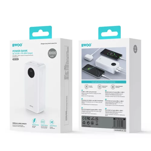 BWOO 22,5W 30000 mAh power bank LCD kijelzővel, fehér-6933654814966 5 kép