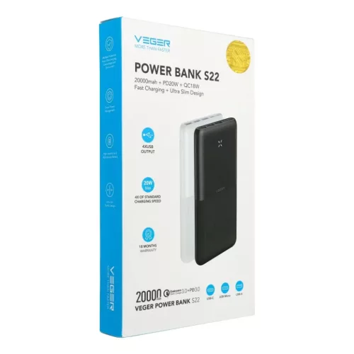 VEGER powerbank 20000 mAh PD QC3.0 3A 20W S22 (W2060) fekete-6970453555423 4 kép
