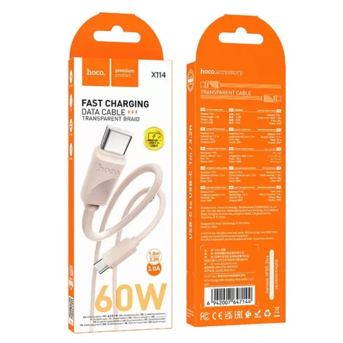 HOCO Type-C - Type-C 3A 60W X114 1 m rózsaszín-6942007647144 4 kép