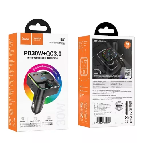 HOCO autós töltő Bravery PD30W QC3.0 + Bluetooth FM adó E81 fekete-6942007612296 9 kép