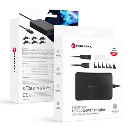FORCELL F-ENERGY E856 univerzális laptop töltő 65W (6 adapterrel) - fekete