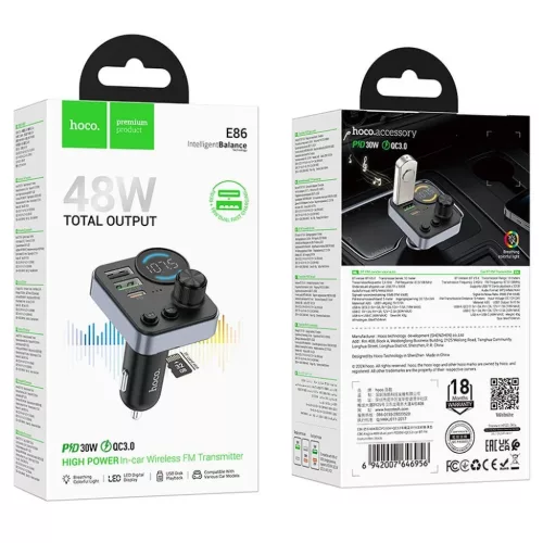 HOCO autós transmitter FM bluetooth 2 x USB A + Type C PD QC3.0 48W E-6942007646956 9 kép