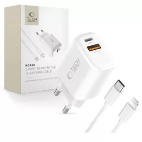   Tech-protect Nca20 2-port Hálózati Töltő Pd 20w / Qc3.0 + Lightning Kábel Fehér